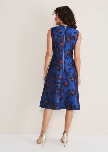 Phase Eight Clarisse Print Jacquard Dress Deep Blue/Multicolor Australia | VS1382706